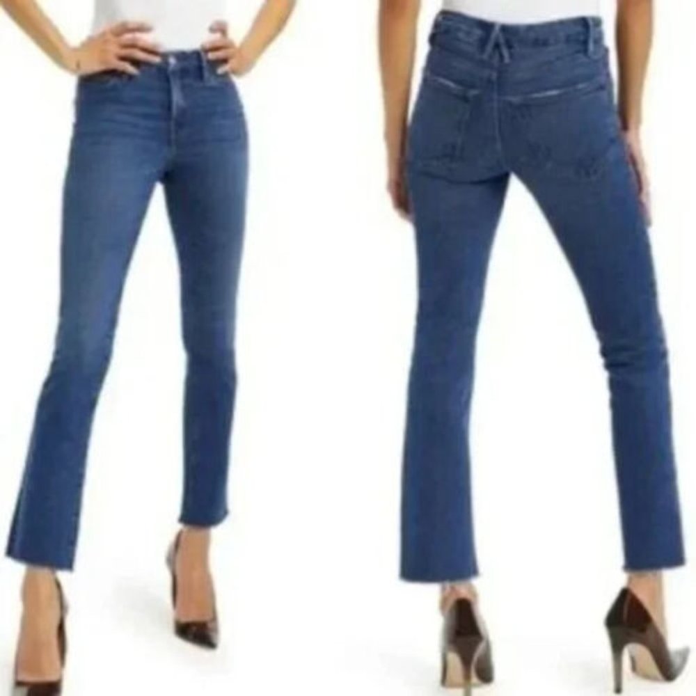 GOOD AMERICAN|  Good Legs Straight High Rise Blue Stretch Denim Raw Hem